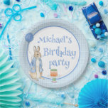 Cute Rabbit Plaid Boys Birthday Party Paper Plate<br><div class="desc">Cute Rabbit Blue birthday party personalised paper plate with carrot cakes and balloons.  Small boys birthday party theme. Blue & white plaid frame with carrot cake and Peter Rabbit graphic.  Personalise with your choice of name.  Perfect for the sweetest bunny birthday party.</div>