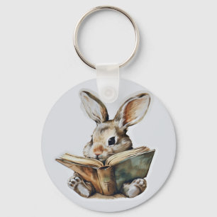 Cute rabbit reading book retro children key ring