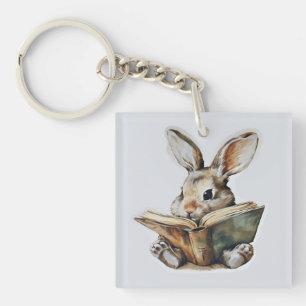 Cute rabbit reading book retro children key ring