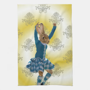 Cute rabbit Scottish highland dancer Tea Towel