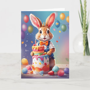 Cute rabbit standing by cake celebrating!   Card