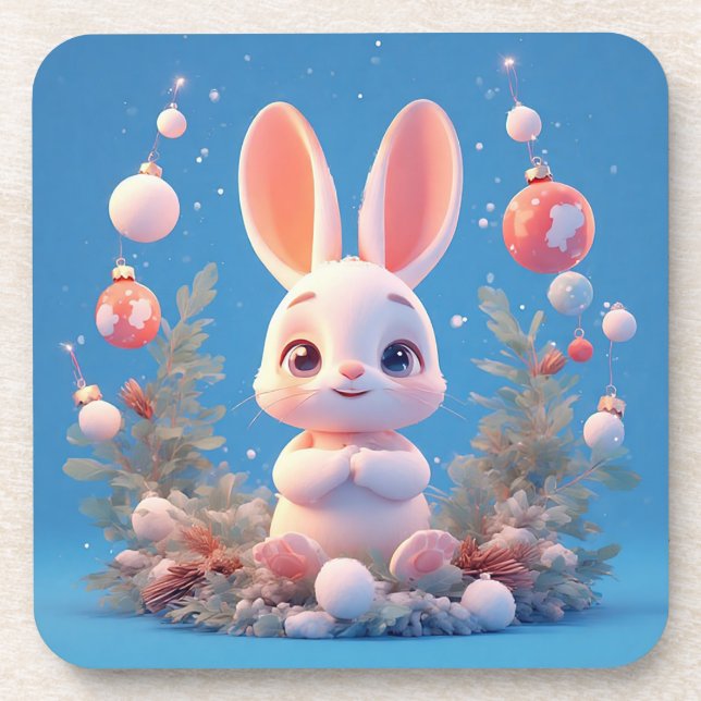 Cute Rabbit Surrounded by Decorations Coaster (Front)
