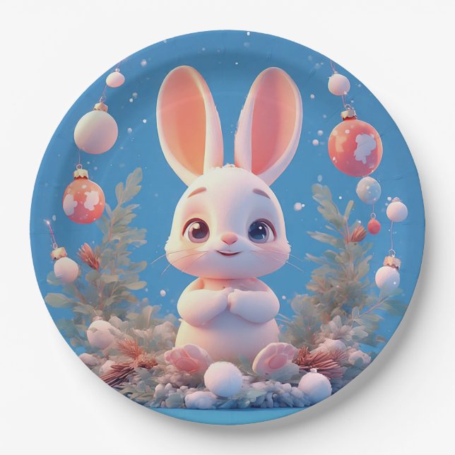 Cute Rabbit Surrounded by Decorations Paper Plate (Front)