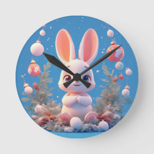 Cute Rabbit Surrounded by Decorations Round Clock