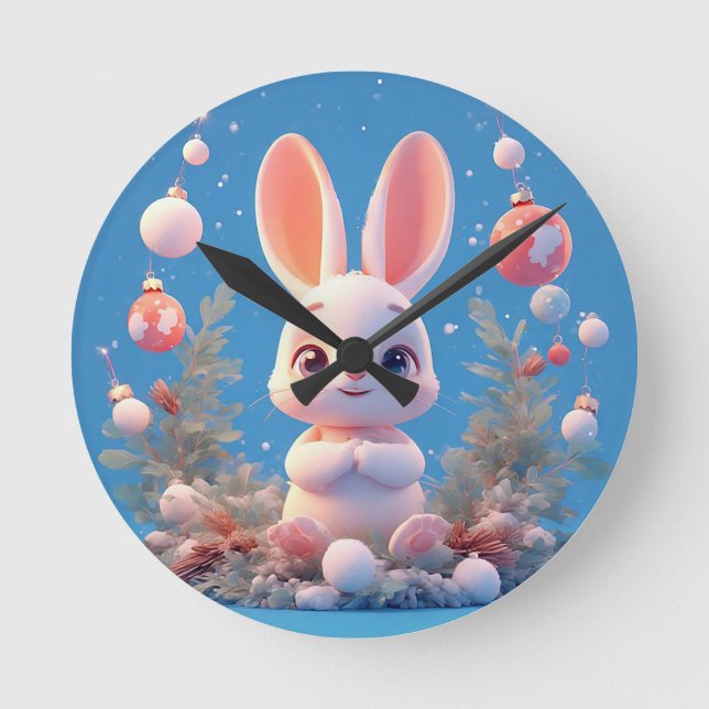 Cute Rabbit Surrounded by Decorations Round Clock (Front)