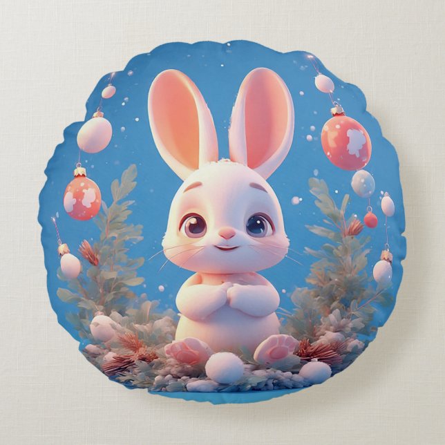 Cute Rabbit Surrounded by Decorations Round Cushion (Front)