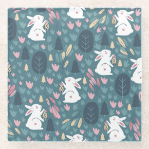 Cute rabbit: vintage seamless print. glass coaster