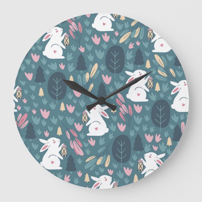 Cute rabbit: vintage seamless print. large clock (Front)