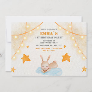 Cute rabbit watercolor Baby First Birthday party  Invitation