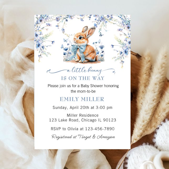 Cute Rabbit wildflower & Gingham Baby Shower Boy Invitation (Creator Uploaded)