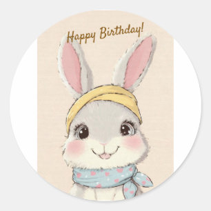 Cute Rabbit with Bandana Kids Birthday Invitation Classic Round Sticker