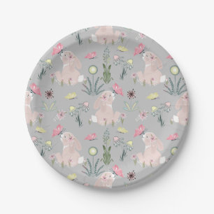 cute rabbit with flowers and butterflies paper plate