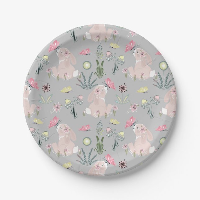 cute rabbit with flowers and butterflies paper plate (Front)