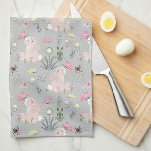 cute rabbit with flowers and butterflies tea towel