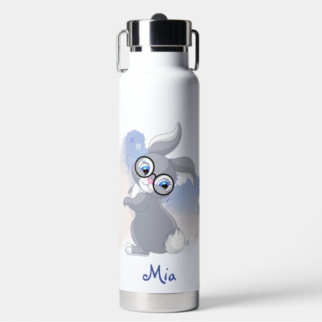 Cute Rabbit with Glasses Personalised Water Bottle (Front)