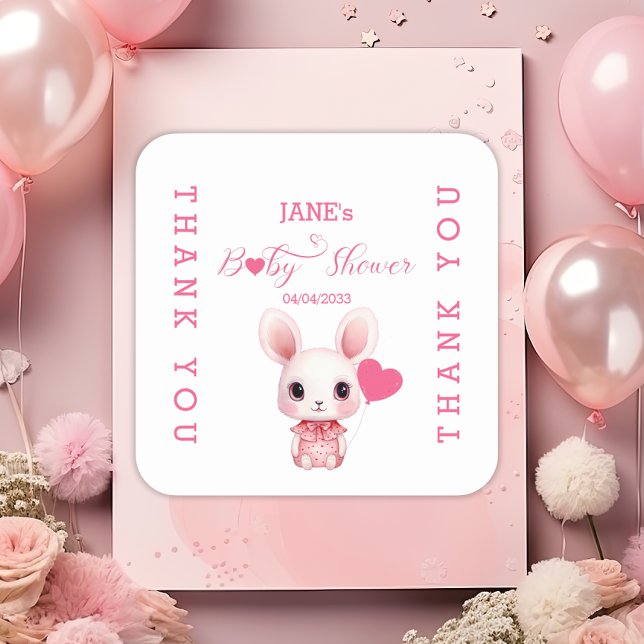 Cute Rabbit with Pink Balloon Girl Baby Shower Square Sticker (Creator Uploaded)