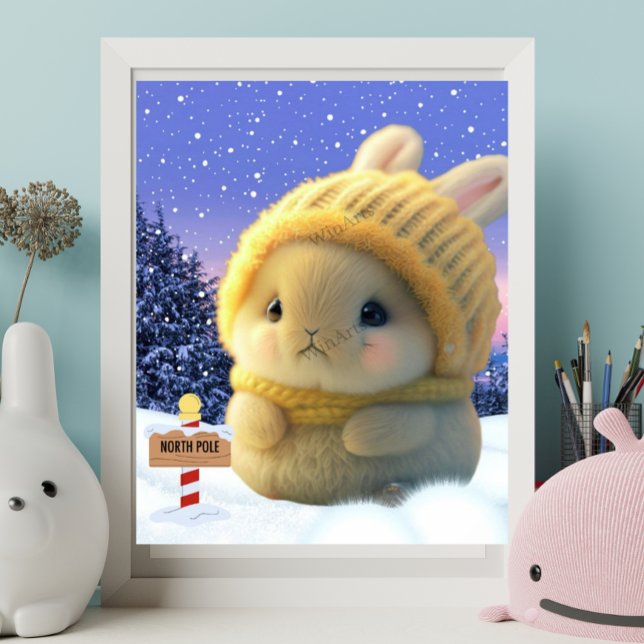 Cute Rabbit with yellow knit hat and scarf in snow Poster (Creator Uploaded)