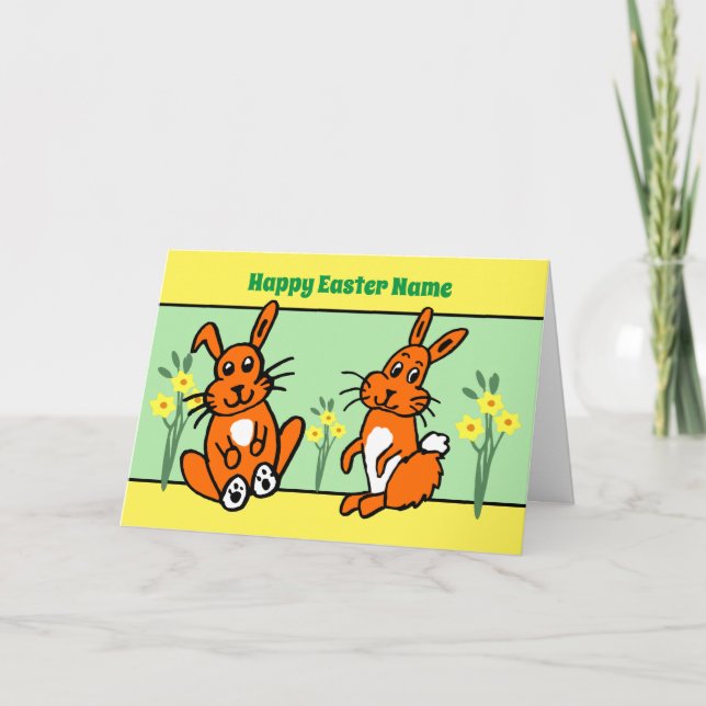 Cute Rabbits and Daffodils Easter Card (Front)