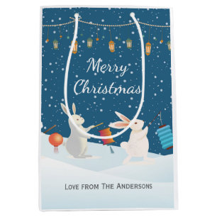 Cute Rabbits and Lantern in Snow Christmas Custom Medium Gift Bag