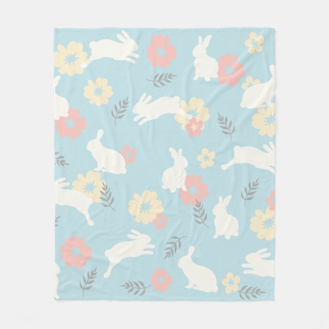 Cute Rabbits Flowers Pattern Fleece Blanket (Front)