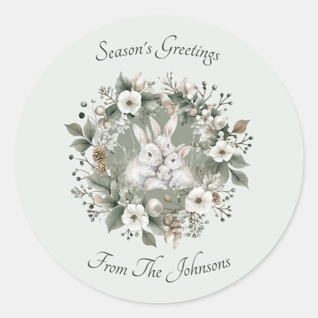 Cute Rabbits in a Floral Winter Wreath Classic Round Sticker (Front)