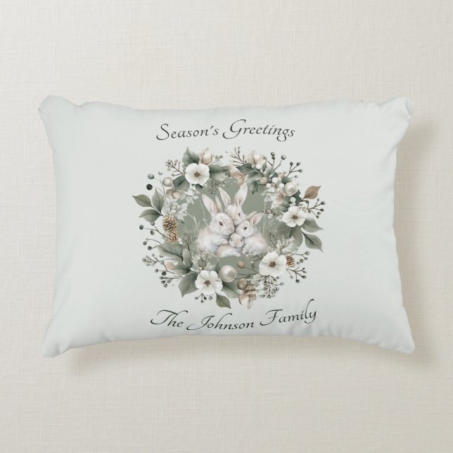 Cute Rabbits in a Floral Winter Wreath Decorative Cushion (Front)