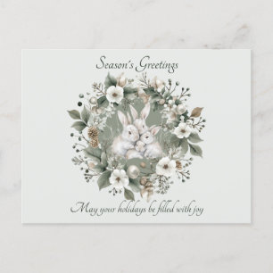 Cute Rabbits in a Floral Winter Wreath Holiday Postcard