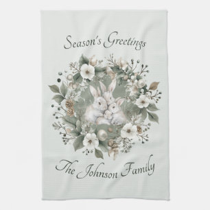 Cute Rabbits in a Floral Winter Wreath Tea Towel
