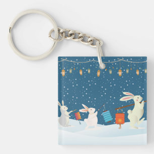 Cute Rabbits Lantern Parade Through Snow Christmas Key Ring