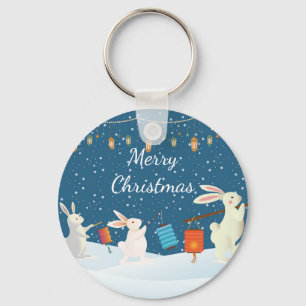 Cute Rabbits Lantern Parade Through Snow Christmas Key Ring