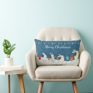 Cute Rabbits Lantern Parade Through Snow Christmas Lumbar Cushion