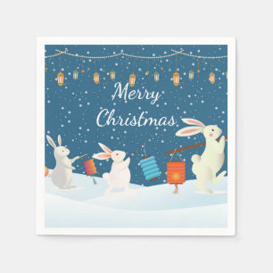 Cute Rabbits Lantern Parade Through Snow Christmas Napkin