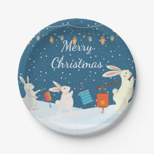 Cute Rabbits Lantern Parade Through Snow Christmas Paper Plate