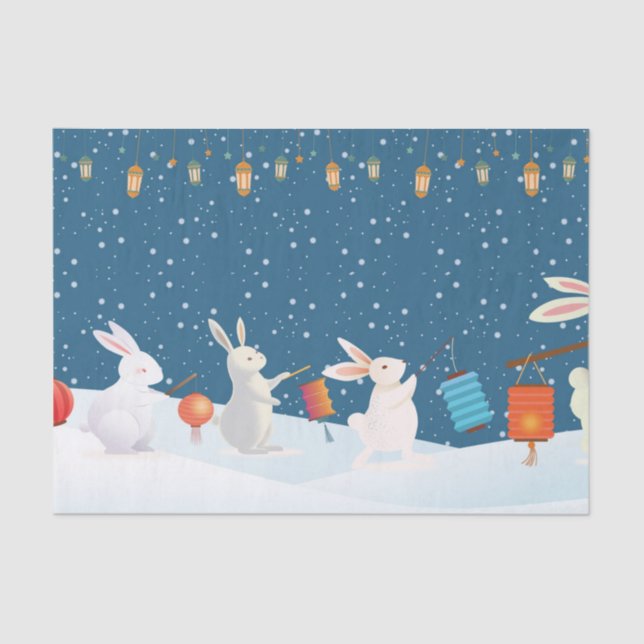 Cute Rabbits Lantern Parade Through Snow Christmas Tissue Paper (Front)