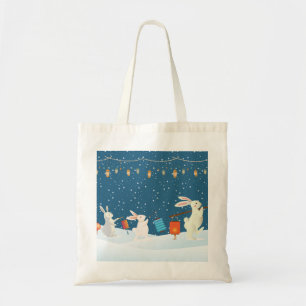Cute Rabbits Lantern Parade Through Snow Christmas Tote Bag