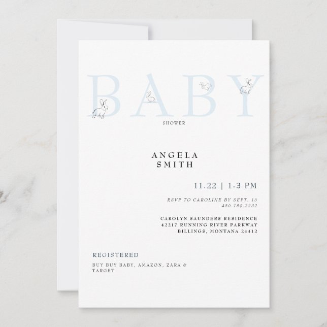 Cute Rabbits Light Blue Gingham Baby Shower Invita Invitation (Front)