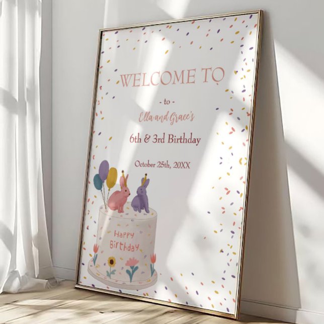 Cute Rabbits on Cake Joint Birthday Sister Welcome Poster (Creator Uploaded)