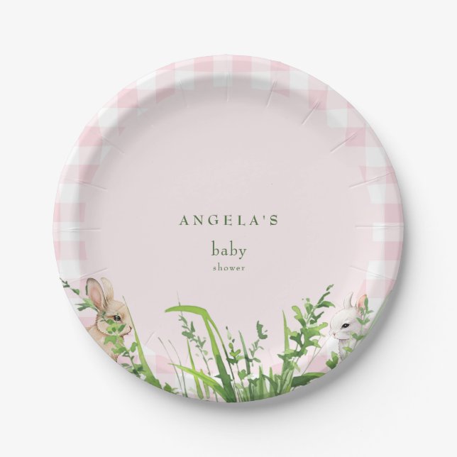 Cute Rabbits Pink Gingham Baby Girl Shower  Paper Plate (Front)