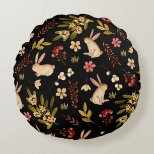 Cute Rabbits: Watercolor Hand-Drawn Pattern Round Cushion