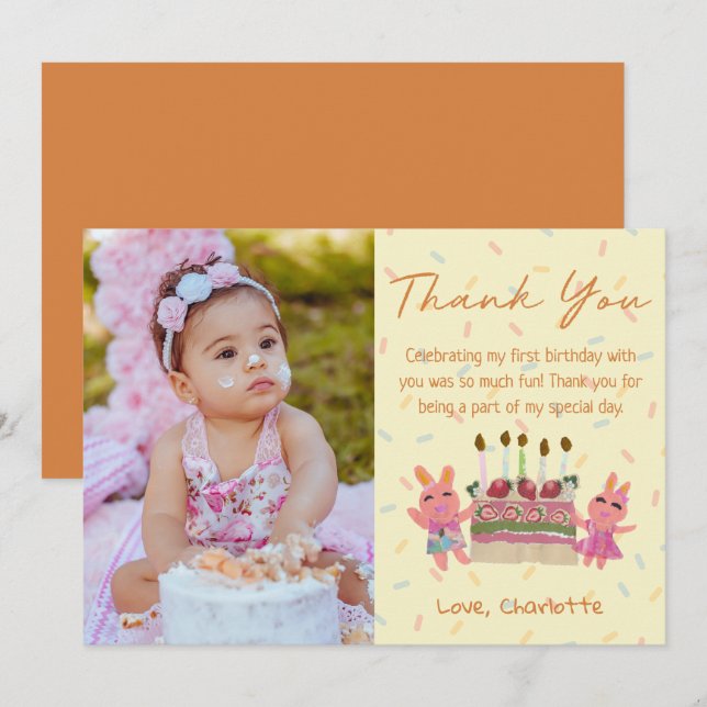Cute Rabbits with Cake Yellow Kids Birthday Photo Thank You Card (Front/Back)