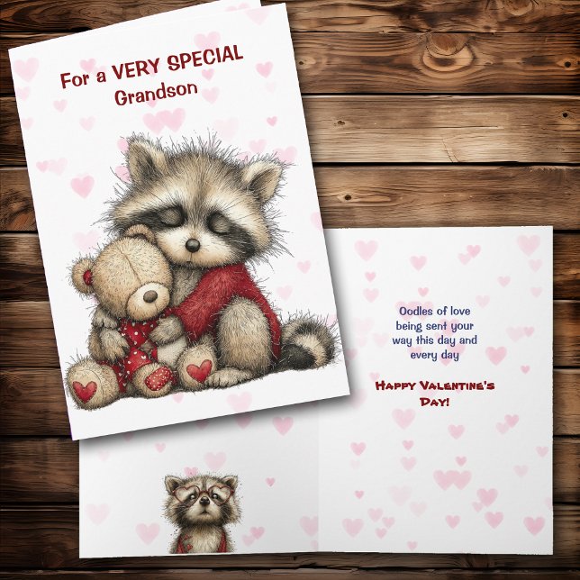 Cute Raccoon and Teddy Bear Grandson Valentine Holiday Card (Creator Uploaded)