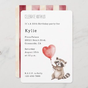 Cute Raccoon Animal Heart Balloon Birthday   Invitation