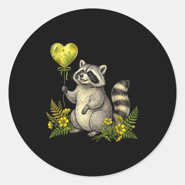 Cute Raccoon Balloon Heart Flowers Sweet Raccoon L Classic Round Sticker (Front)