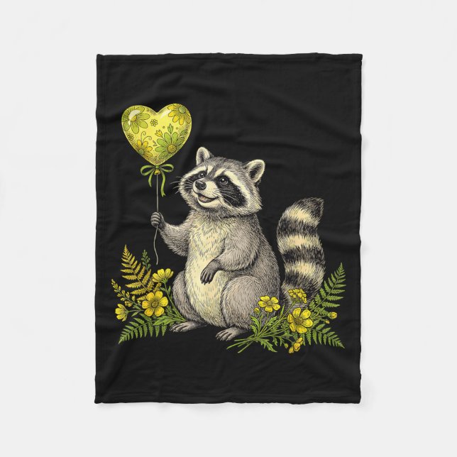 Cute Raccoon Balloon Heart Flowers Sweet Raccoon L Fleece Blanket (Front)