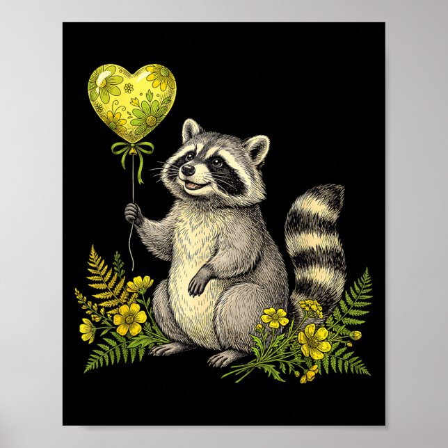 Cute Raccoon Balloon Heart Flowers Sweet Raccoon L Poster (Front)