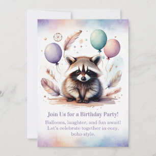 Cute Raccoon Birthday Invitation Woodland Boho 