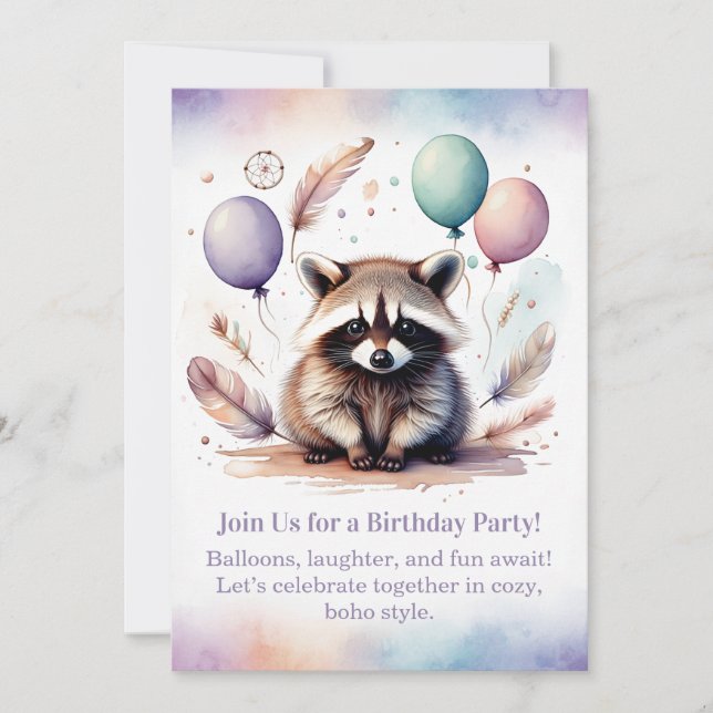 Cute Raccoon Birthday Invitation Woodland Boho  (Front)