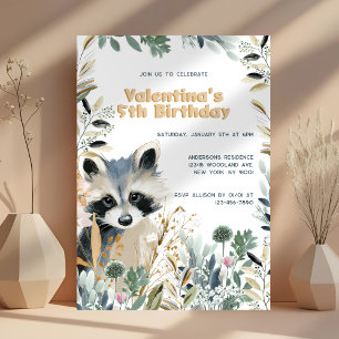 Cute Raccoon Birthday Woodland Watercolor Nature Invitation