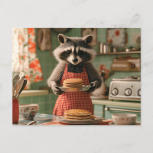Cute Raccoon Chef in Retro Kitchen Serving Pancake Holiday Postcard