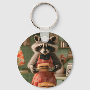 Cute Raccoon Chef in Retro Kitchen Serving Pancake Key Ring